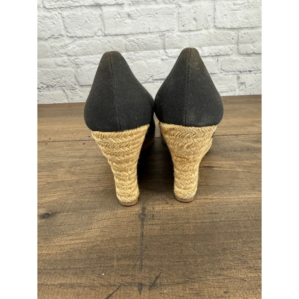 Tory Burch Black Canvas Bow Peep Toe Espadrille Wedge Sandals Womens 9.5